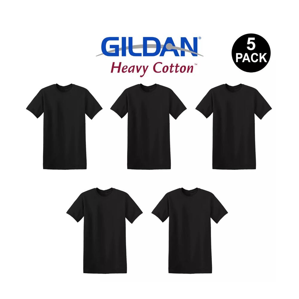 Gildan 5000 Black T-Shirt 5-Pack – Heavy Cotton L Plain Crew Neck men3201